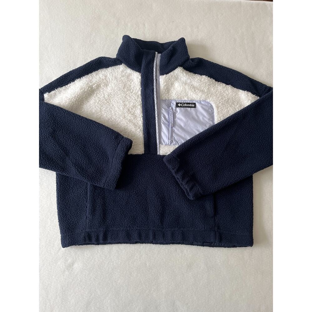Columbia Jacket Womens XL Blue White Sherpa Fleece Colorblock Snap Front Relaxed